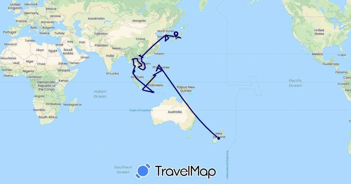 TravelMap itinerary: driving in Indonesia, Japan, Cambodia, South Korea, Laos, Malaysia, New Zealand, Philippines, Singapore, Thailand, Vietnam (Asia, Oceania)